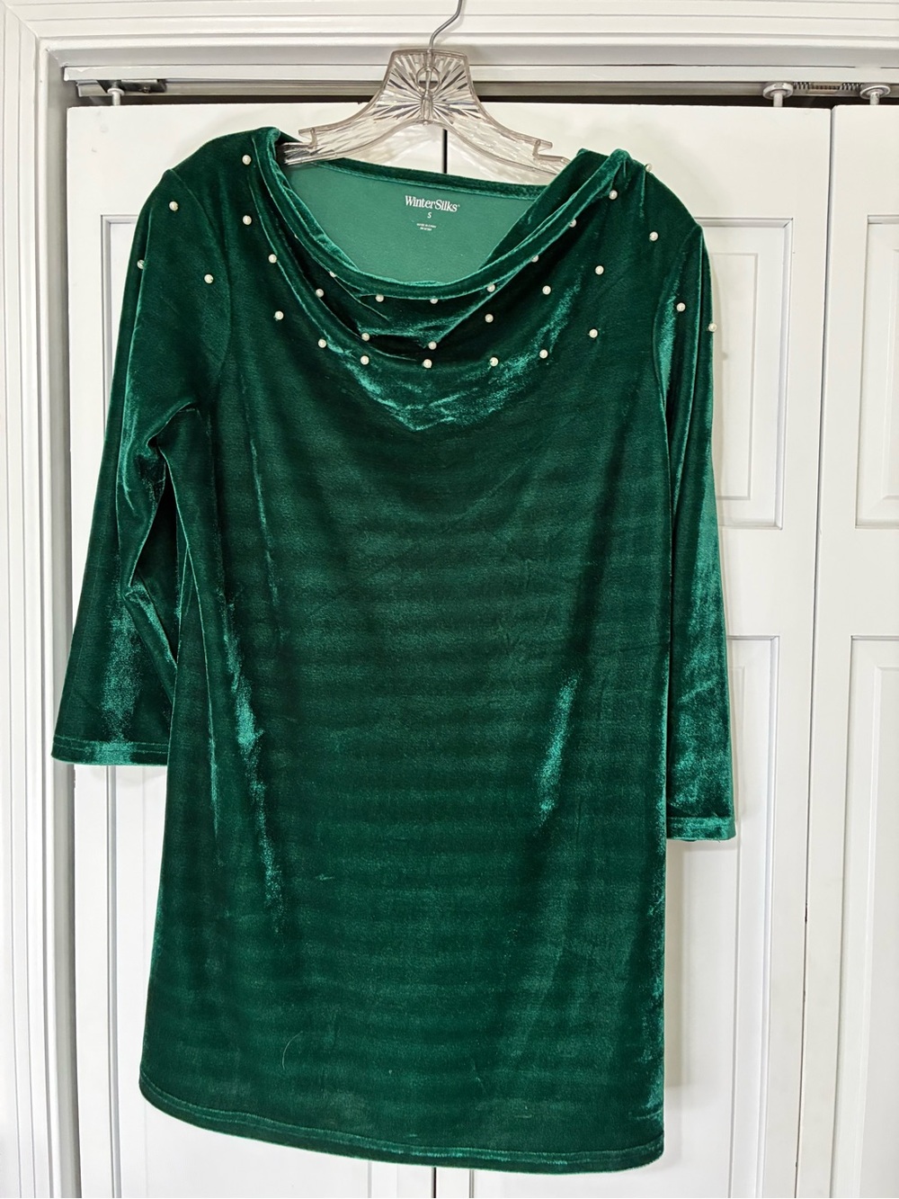 Emerald Green Winter Silks  Velvet Pearl-Accent Dress Small